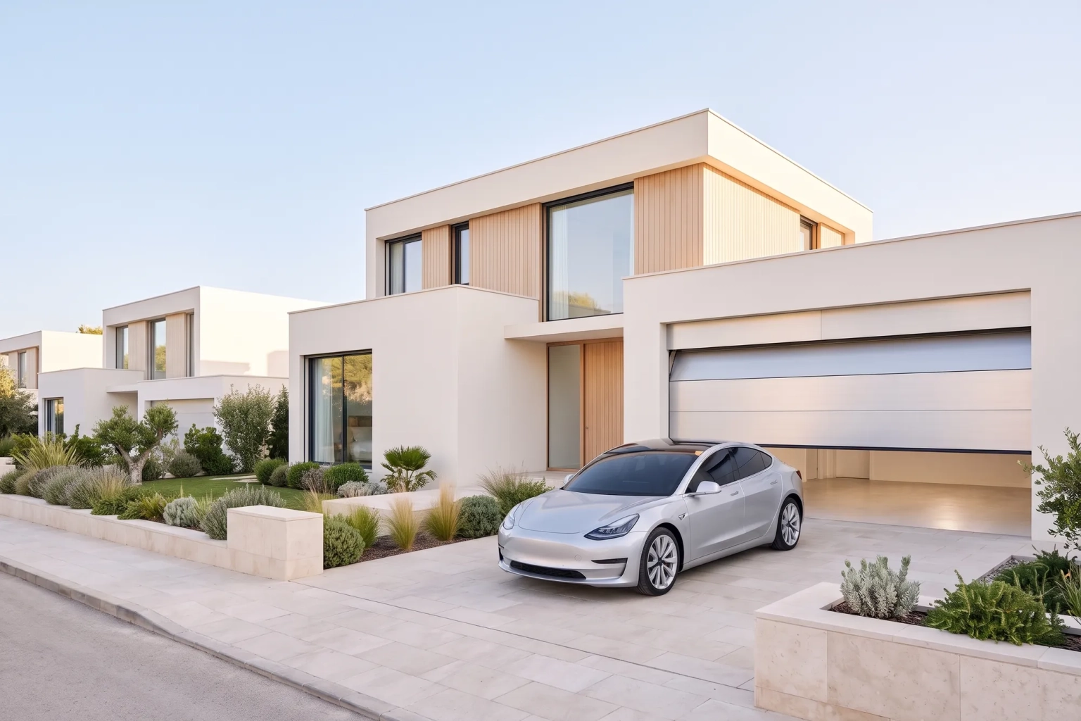 Vivienda con puerta de garaje automática y un coche delante: la puerta se abre con el móvil gracias a HOMYHUB