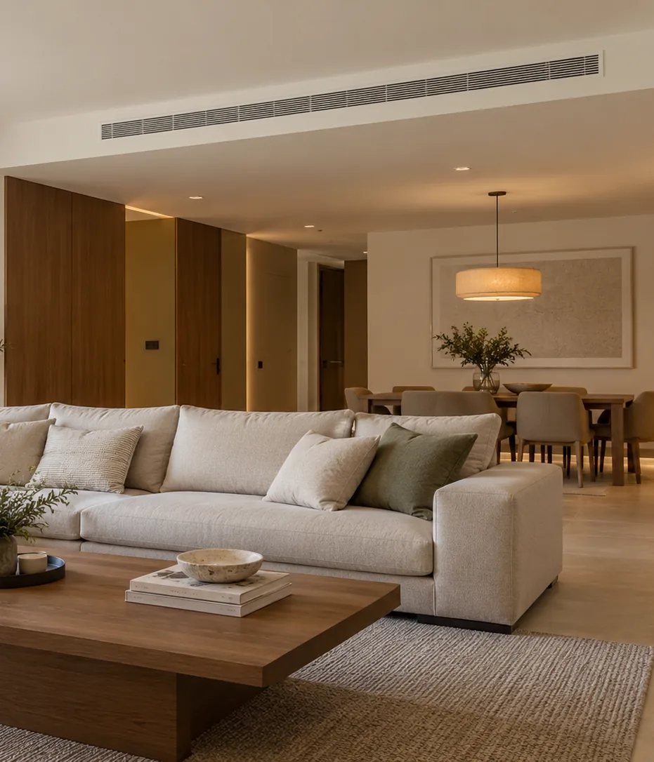 Salón de una vivienda con la rejilla lineal del aire acondicionado por conductos integrada en el falso techo