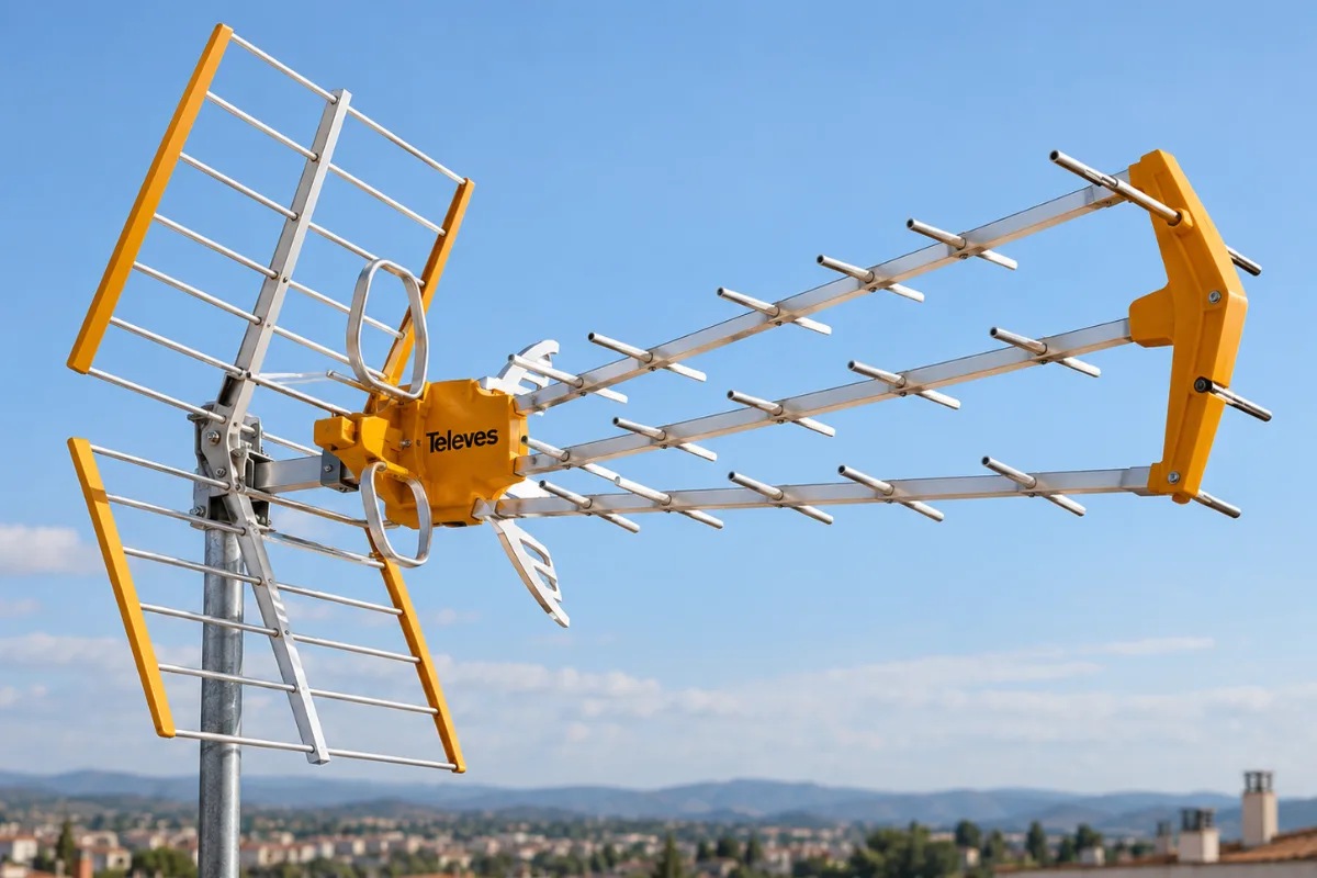 Antena TDT UHF de alta ganancia instalada en el mástil de una azotea