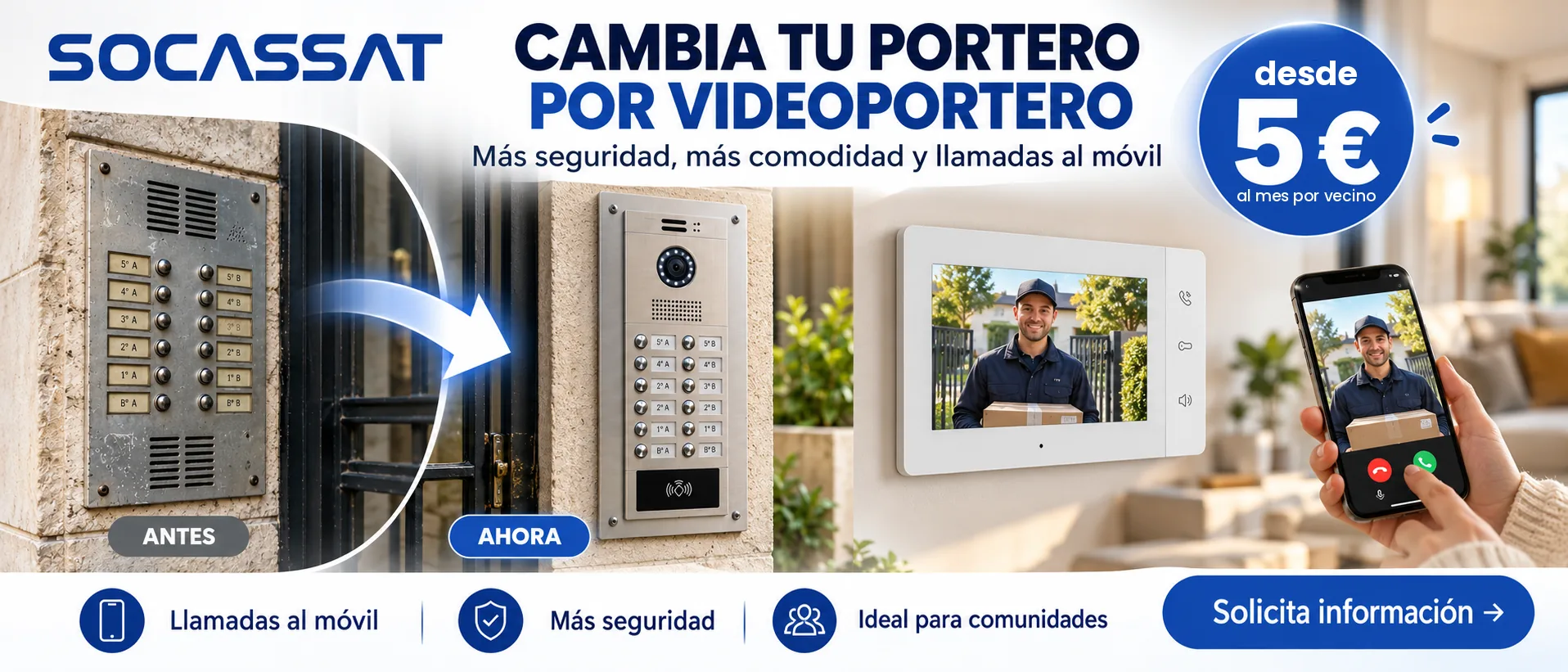 Cambie su portero por un videoportero desde 5 € al mes por vecino: antes y después de la placa de calle, monitor en la vivienda y llamada en el móvil
