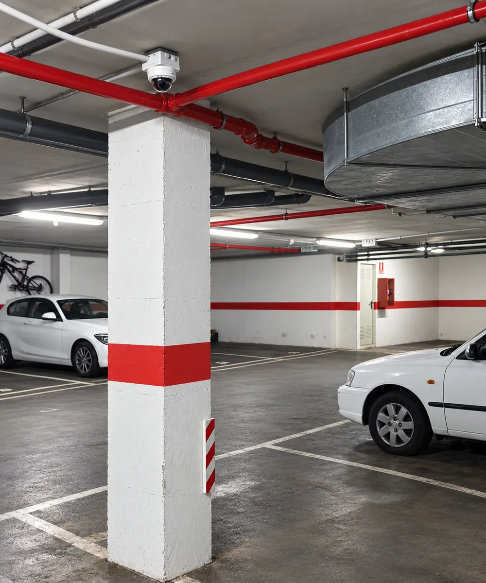 Cámara domo de videovigilancia instalada en una columna del garaje comunitario de un edificio de viviendas