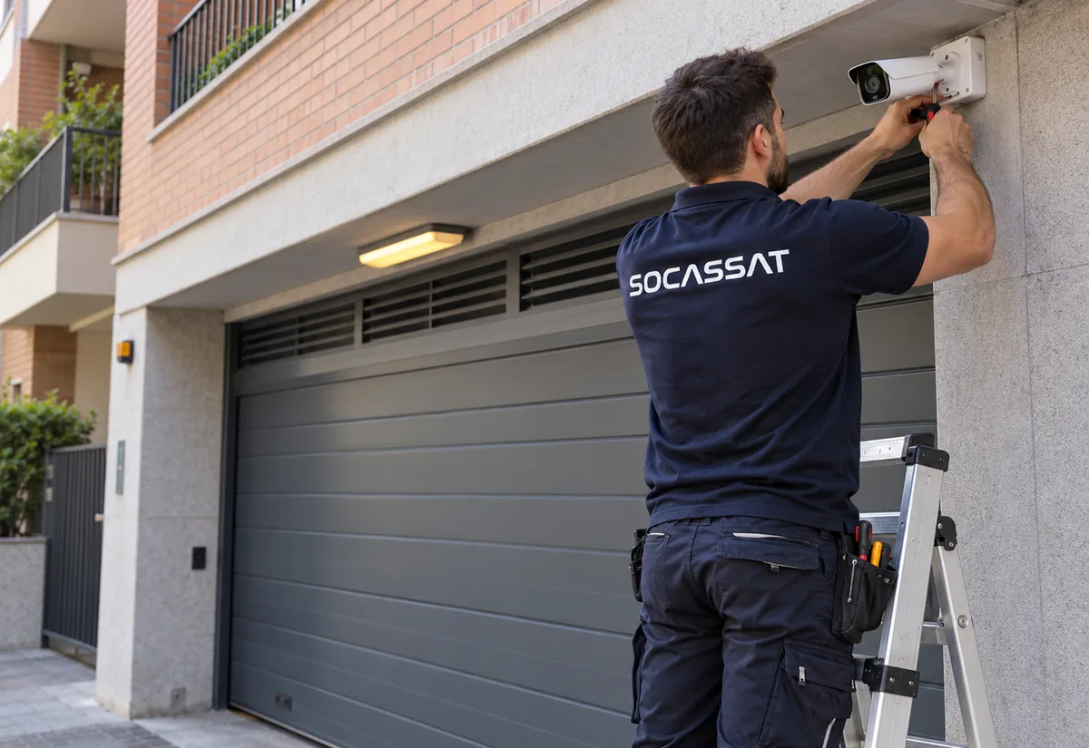 Técnico de Socassat instalando una cámara de vigilancia sobre la puerta del garaje de una comunidad de propietarios