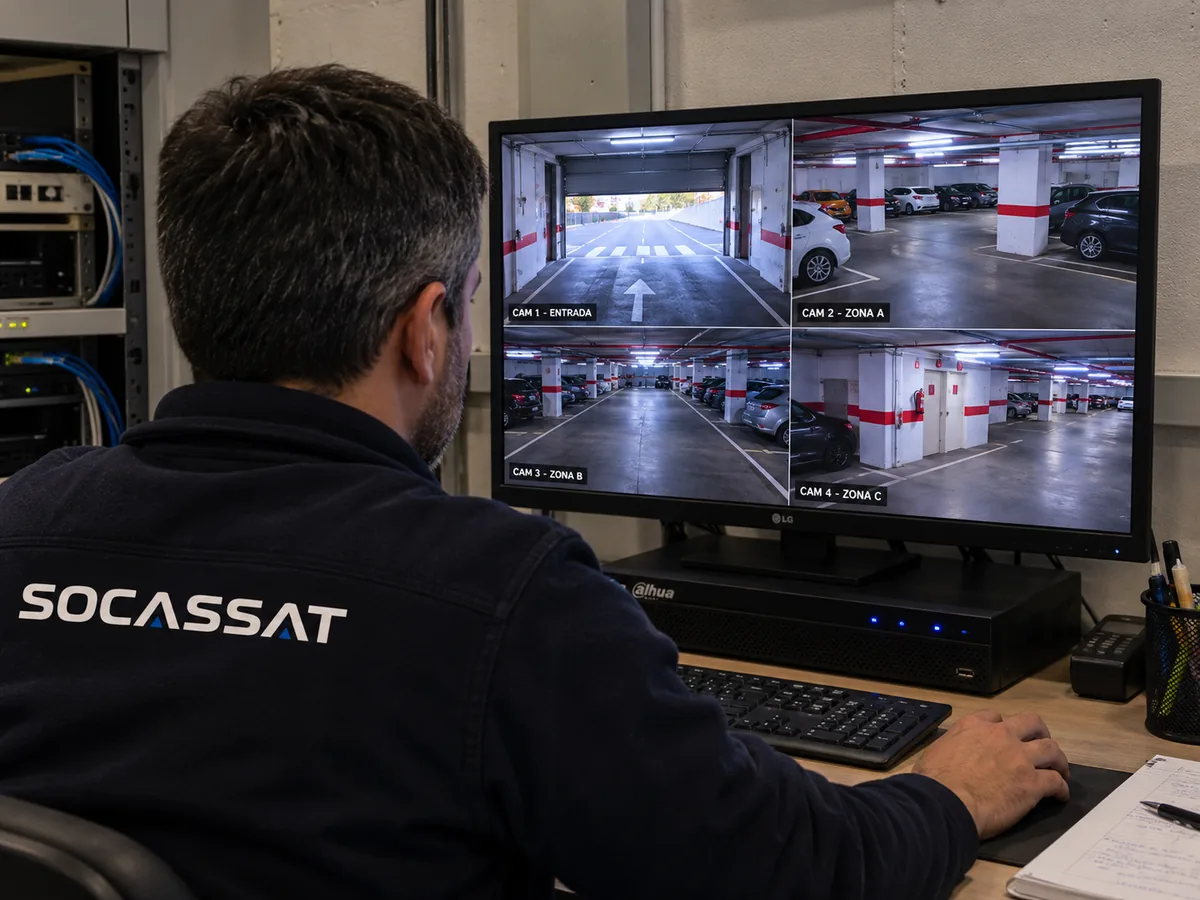 Técnico de Socassat revisando en el monitor las cuatro cámaras de seguridad del garaje de una comunidad de vecinos