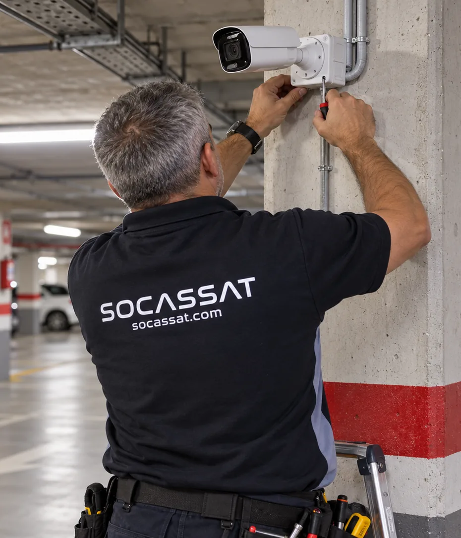 Técnico de Socassat instalando una cámara de seguridad en el garaje de una comunidad de vecinos