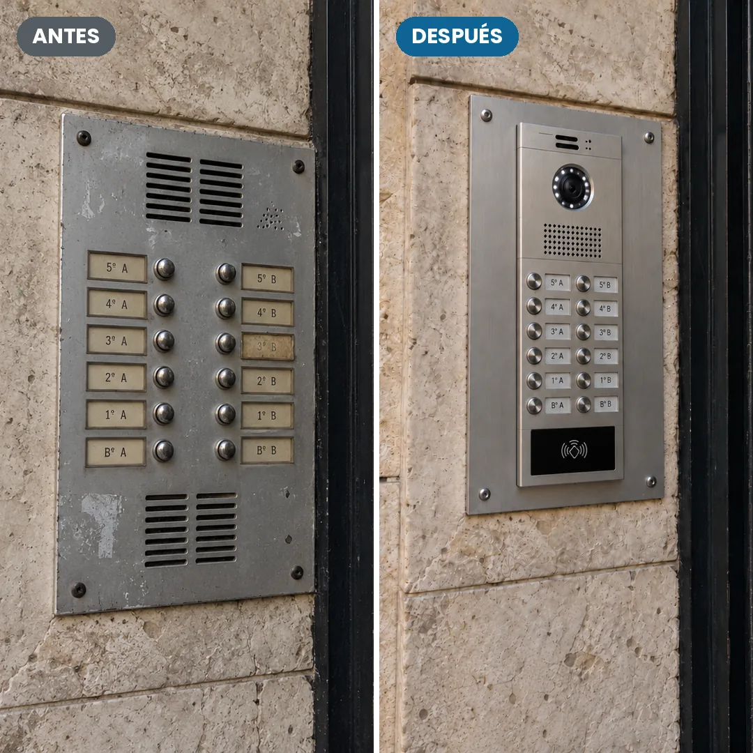 Antes y después del cambio de portero a videoportero en un mismo portal: placa de telefonillo antigua y nueva placa de videoportero con cámara y lector de proximidad