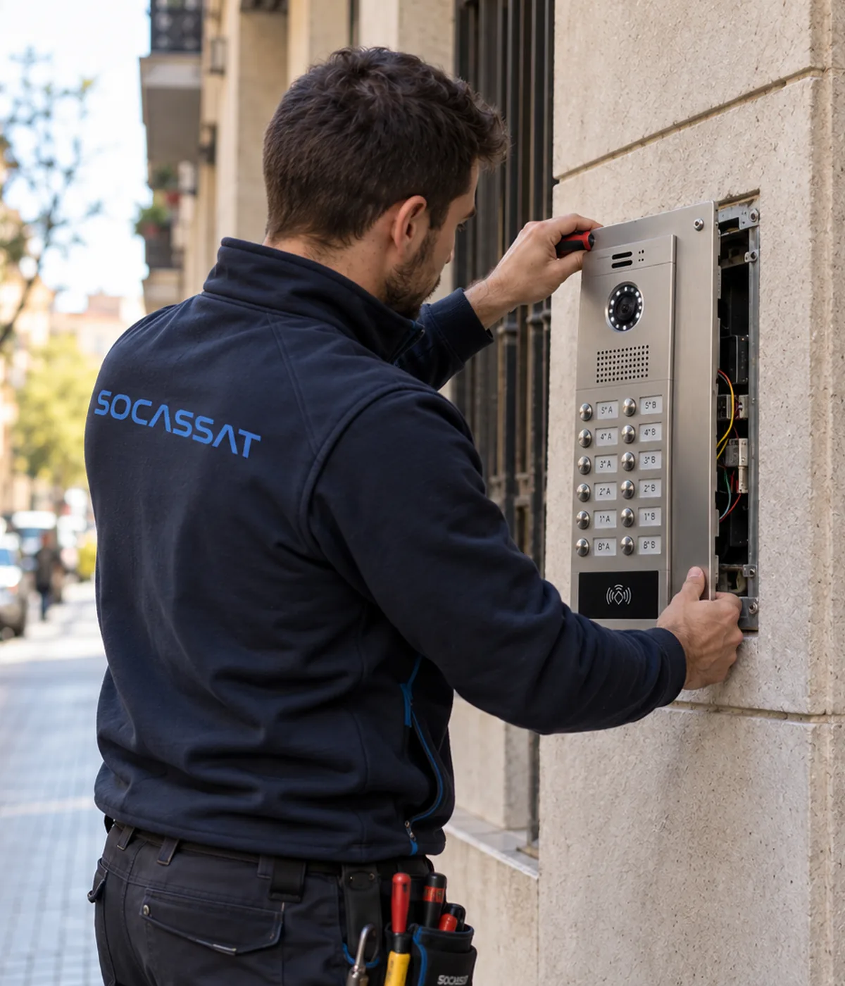 Técnico de Socassat montando la nueva placa de videoportero con cámara y lector de proximidad en la fachada de un edificio de viviendas