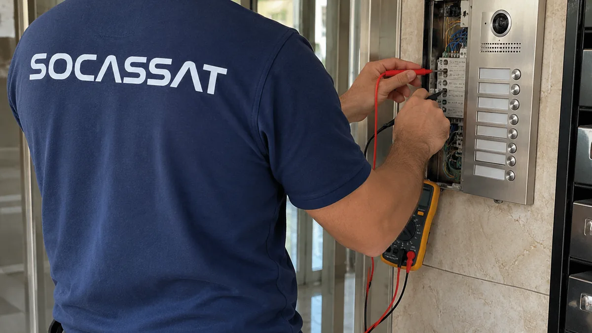 Técnico de Socassat comprobando con un polímetro el cableado de una placa de videoportero durante el cambio de portero a videoportero