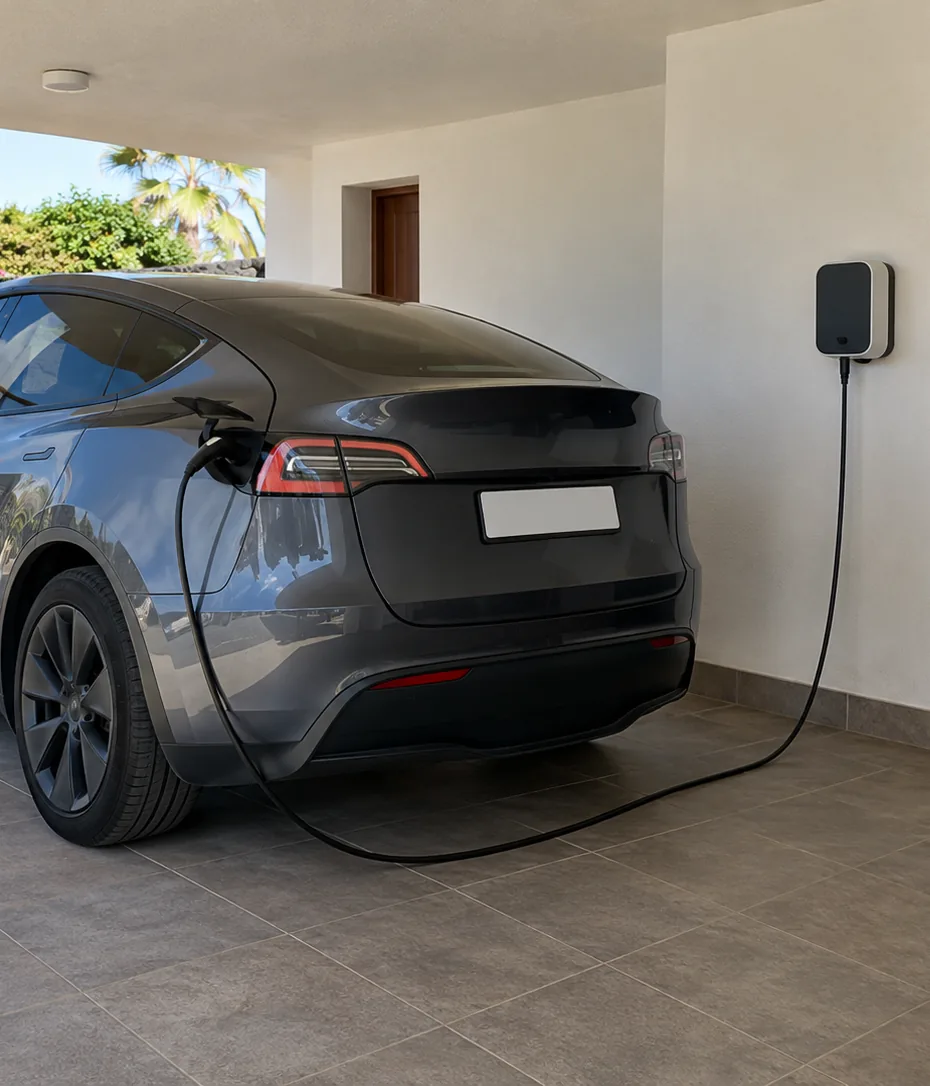 Coche eléctrico cargando con un cargador de pared en el porche de una vivienda unifamiliar