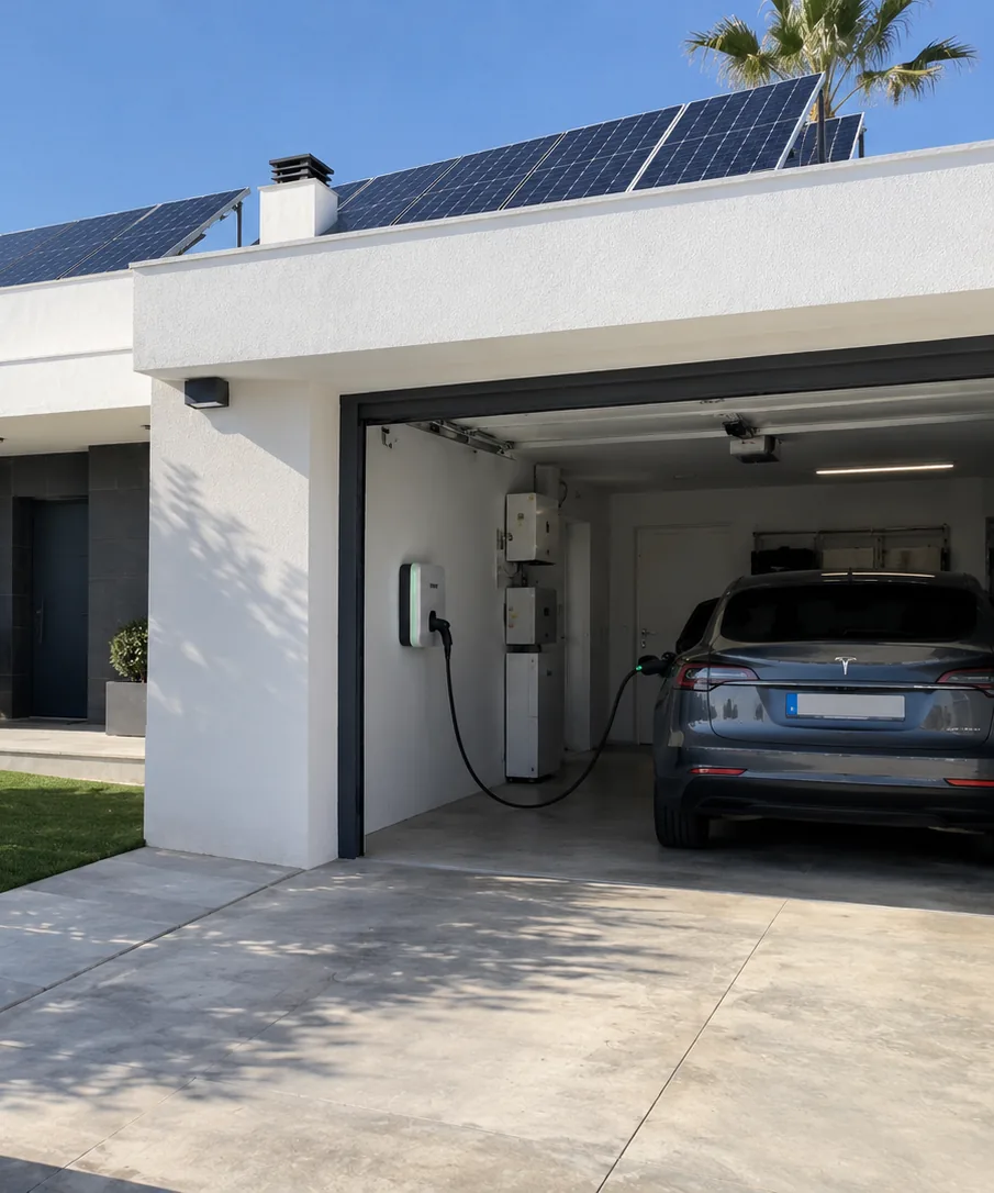 Vivienda unifamiliar con placas solares en la cubierta y un coche eléctrico cargando en el garaje