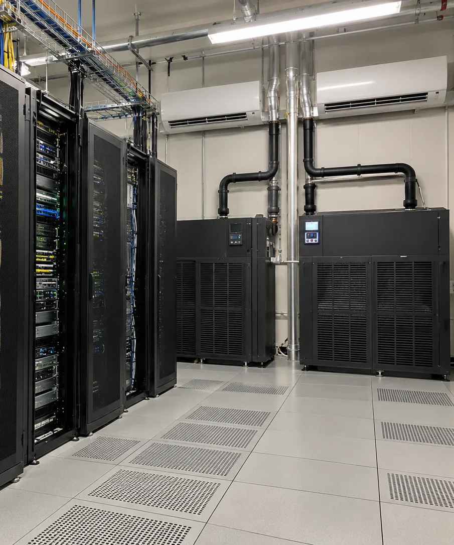 Equipos de climatización de precisión y splits de apoyo junto a los racks de una sala de servidores con suelo técnico