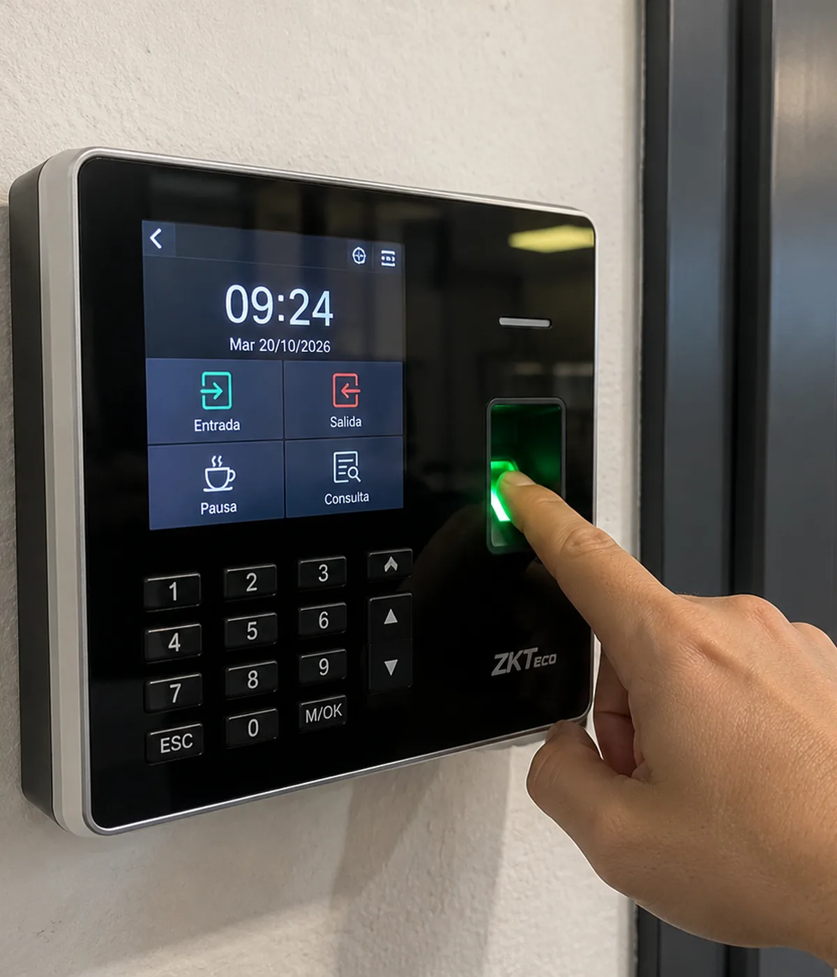 Trabajador fichando en un terminal de control horario ZKTeco instalado en la entrada de una oficina
