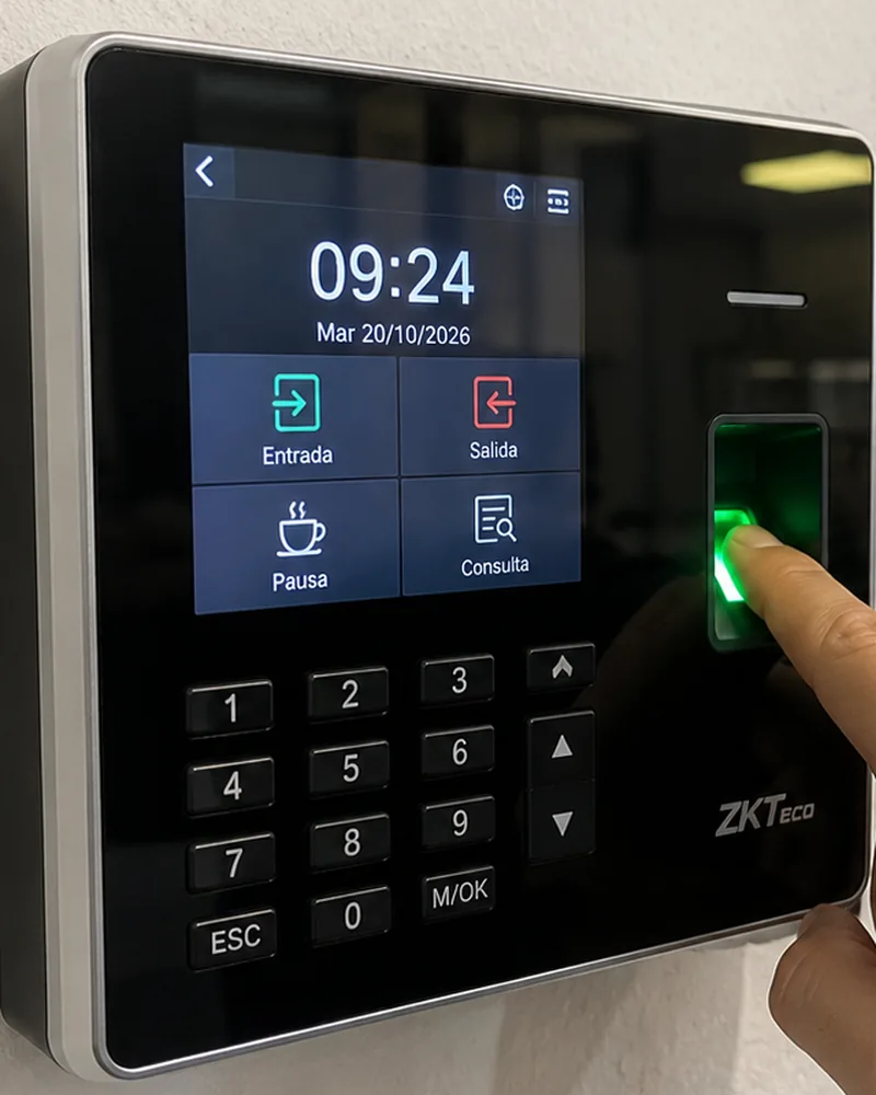 Terminal de fichaje ZKTeco con pantalla, teclado para el código personal y lector de huella