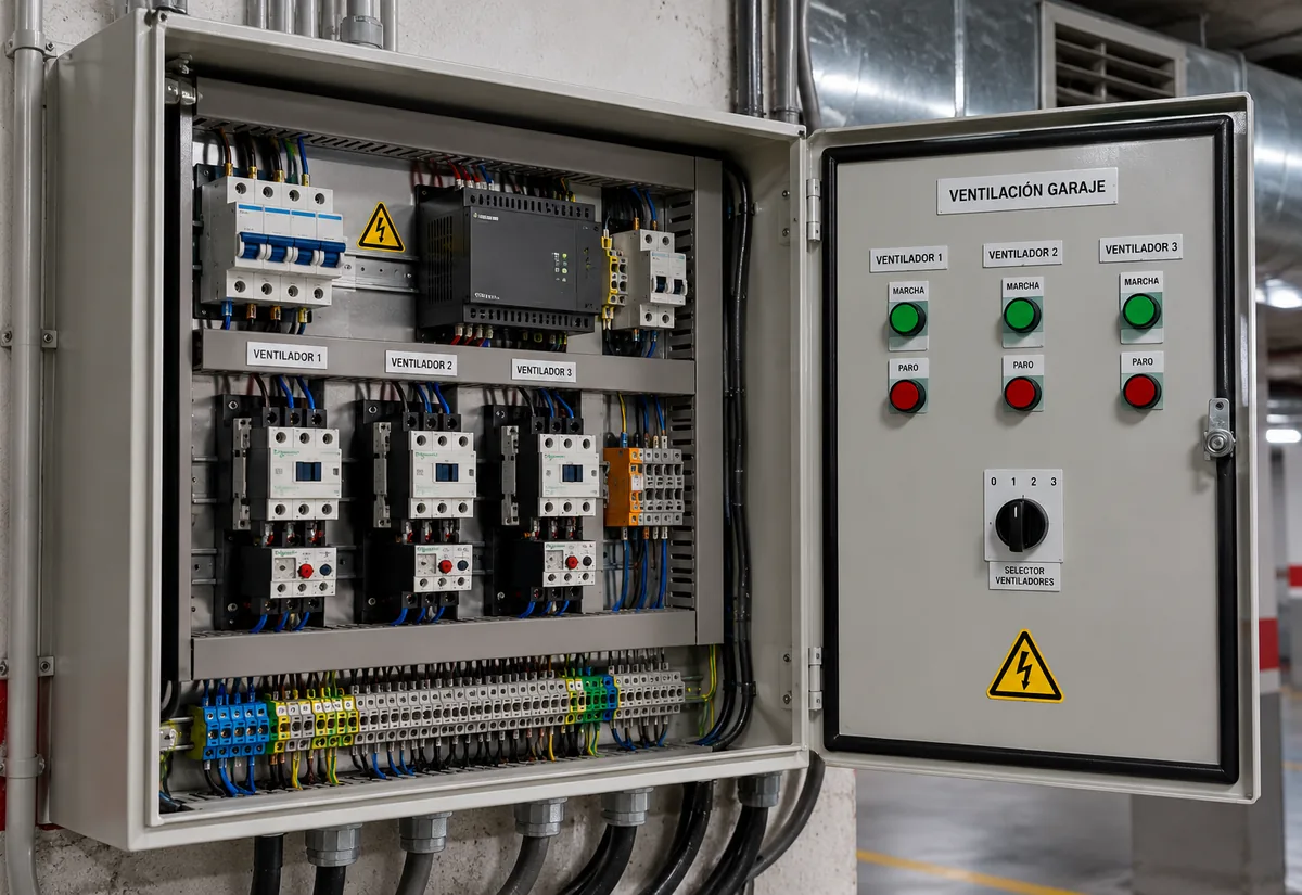 Cuadro eléctrico de maniobra de los ventiladores de extracción de un garaje comunitario