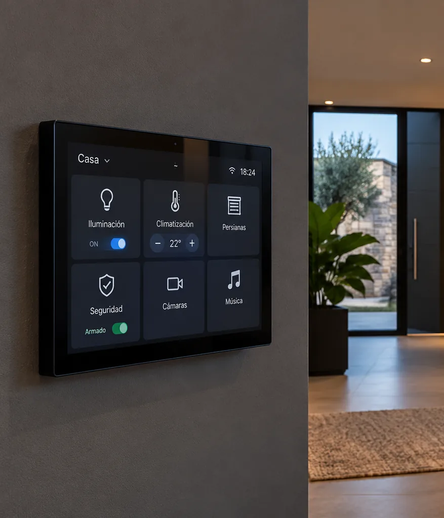 Pantalla táctil de control domótico en la pared de la entrada de una vivienda