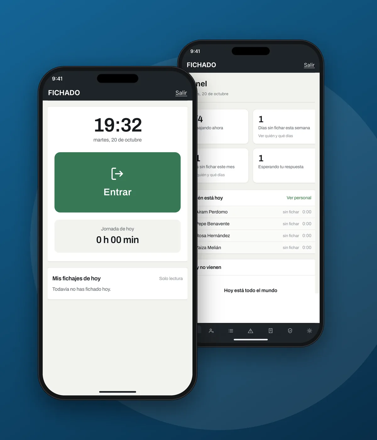 FICHADO en el móvil: pantalla para fichar la entrada y panel de la empresa con quién está trabajando