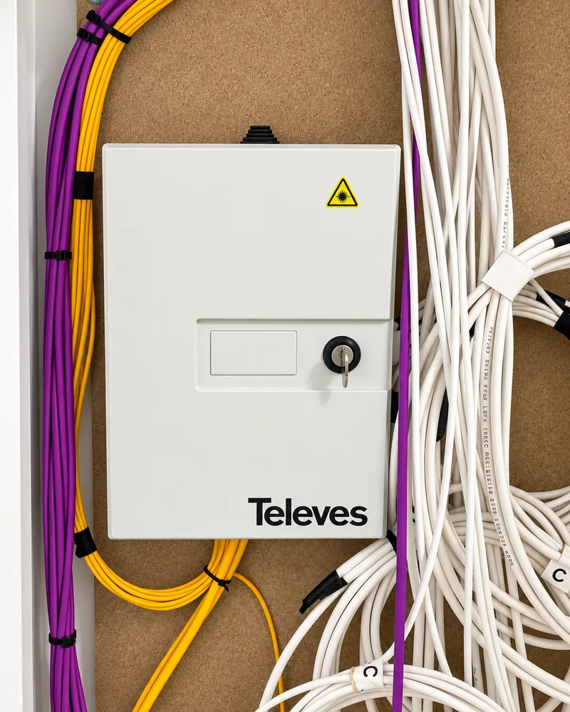Caja de fibra óptica en el recinto de telecomunicaciones de un edificio con los cables de fibra y de coaxial de la ICT