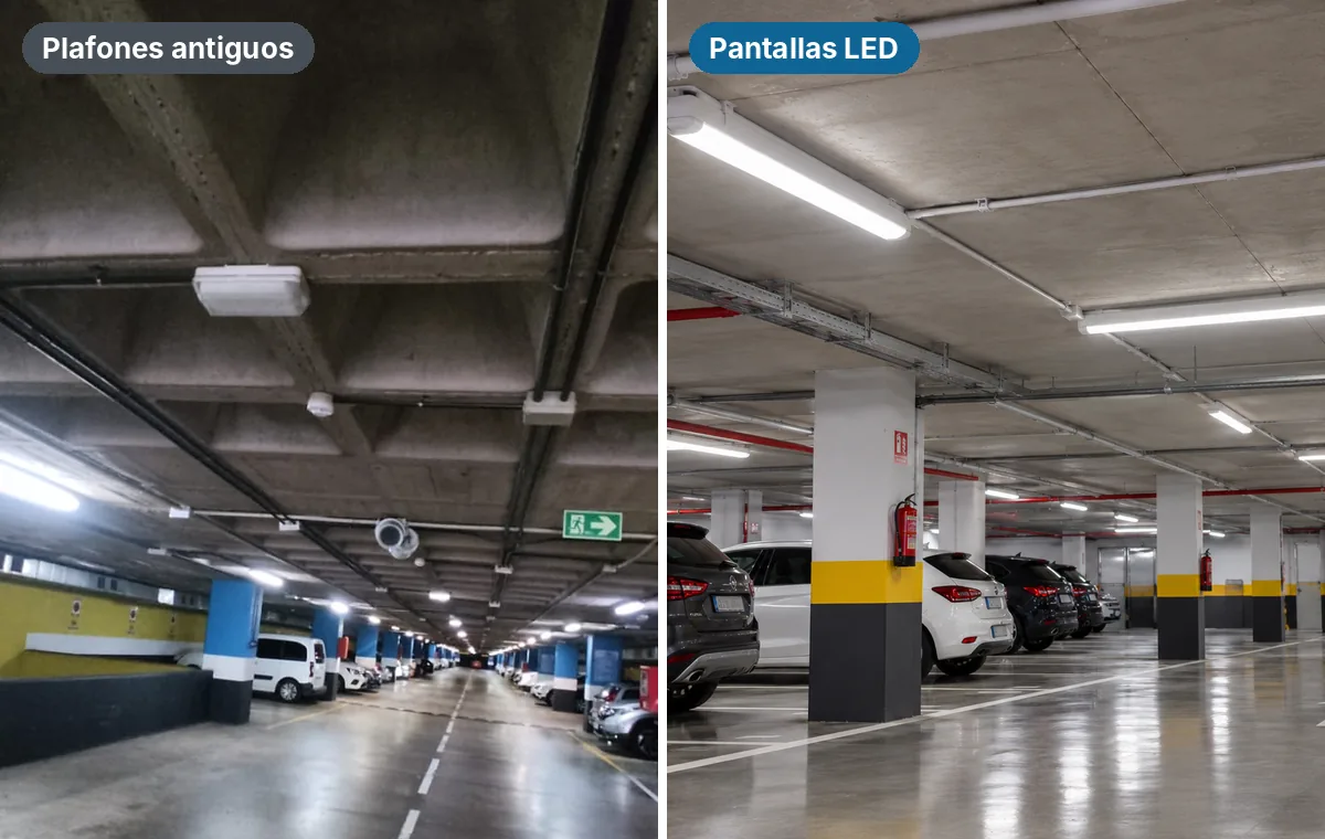 Comparativa de un garaje comunitario con plafones antiguos y de un garaje iluminado con pantallas LED