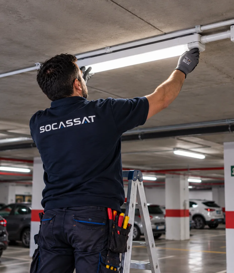 Técnico de Socassat instalando una pantalla LED estanca en el techo del garaje de una comunidad de vecinos