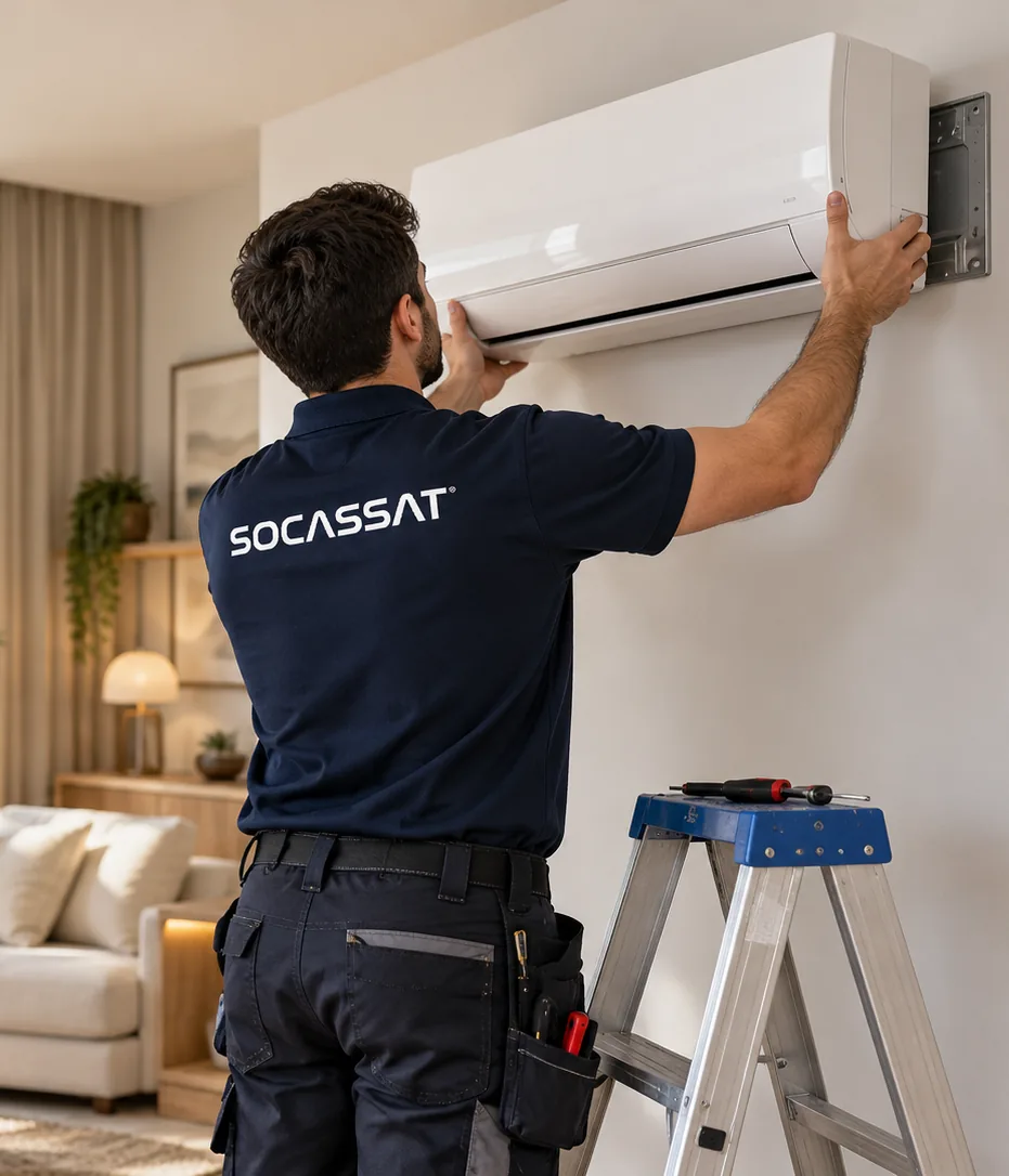 Técnico de Socassat instalando un aire acondicionado split en la pared de un salón
