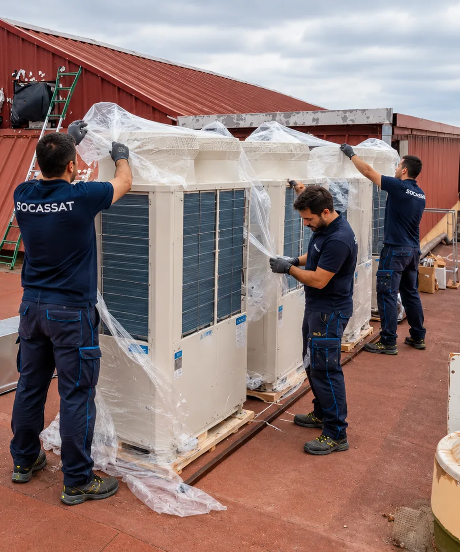 Técnicos de Socassat desembalando las unidades exteriores de un sistema VRF en la cubierta de un edificio