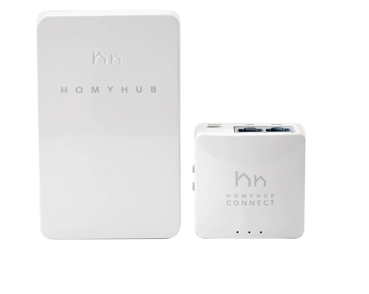 Los dos equipos del kit HOMYHUB: CONNECT, que se conecta a internet, y GARAGE, que va junto al motor de la puerta