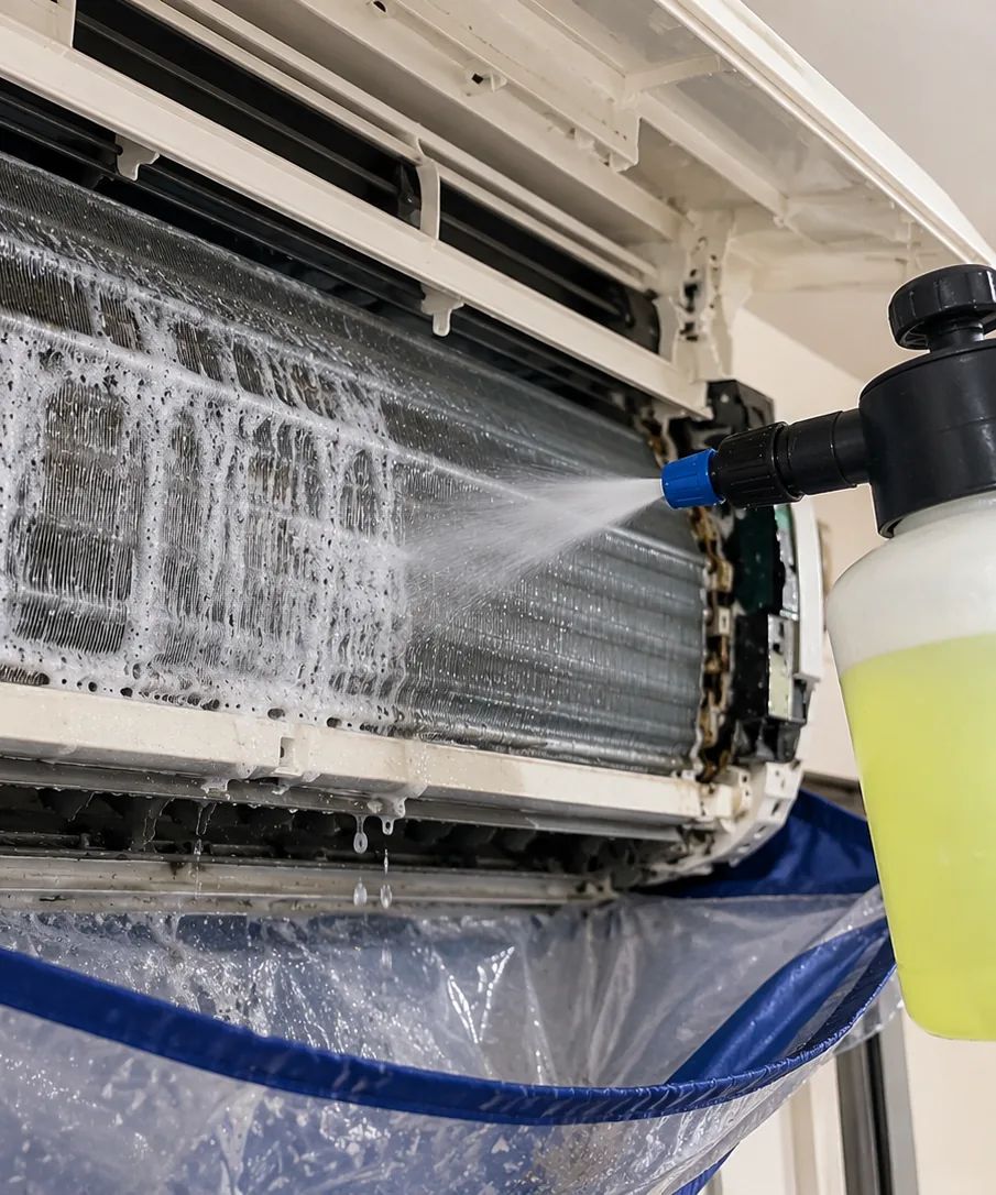 Limpieza a fondo de la batería de la unidad interior de un aire acondicionado con producto específico