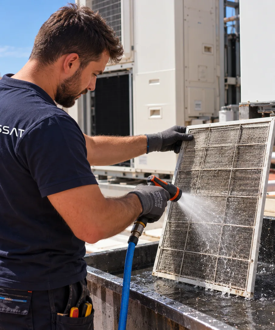 Técnico de Socassat lavando un filtro cargado de polvo en la cubierta de un edificio