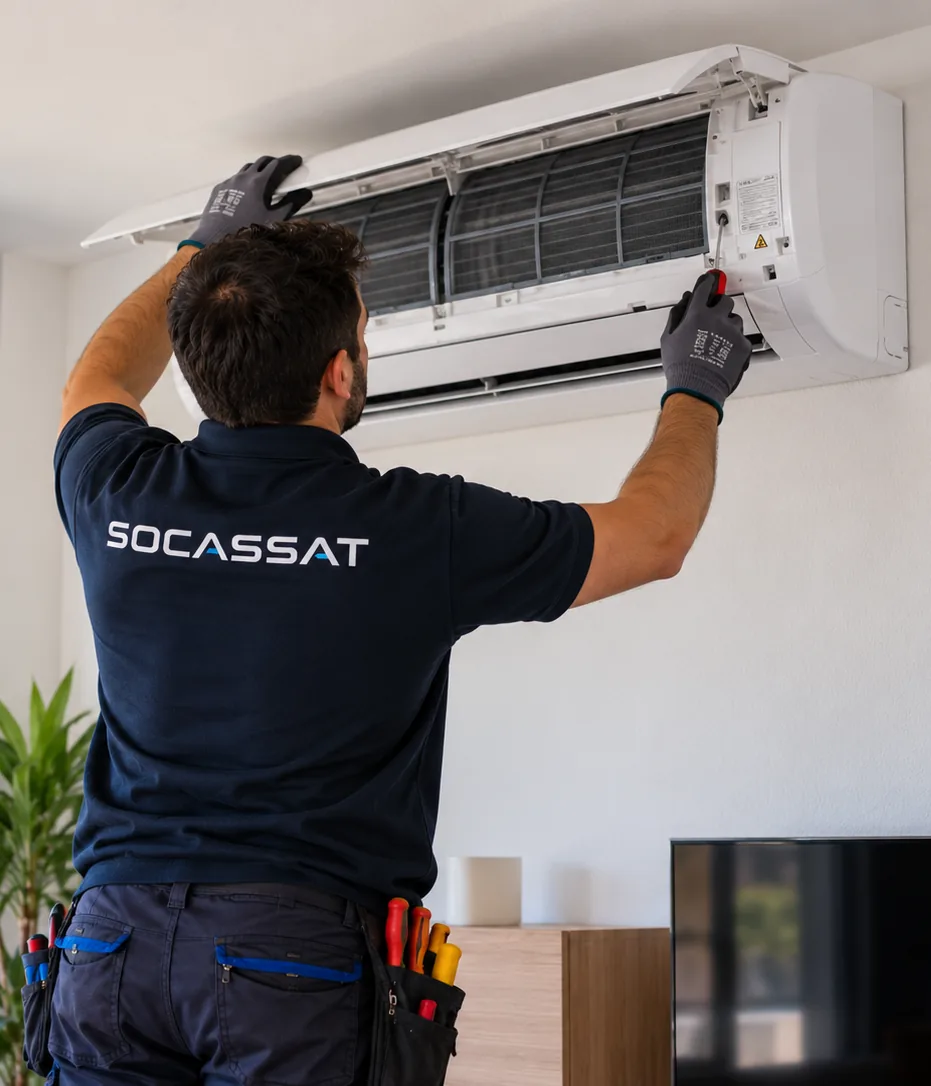 Técnico de Socassat revisando la unidad interior de un aire acondicionado split