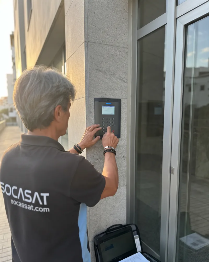 Técnico de Socassat programando la placa de calle de un videoportero durante el mantenimiento