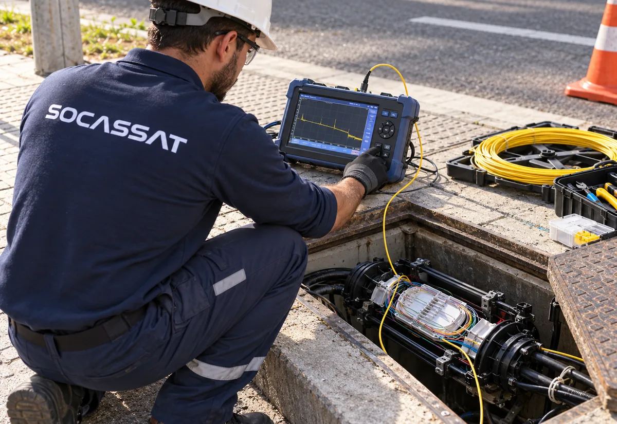 Técnico midiendo con un OTDR la traza de una fibra junto a una caja de empalme abierta en una arqueta