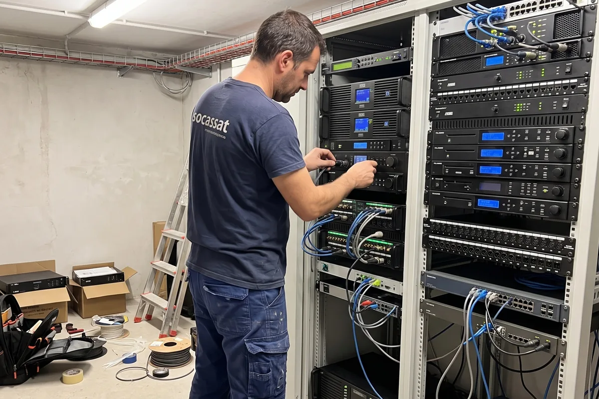 Técnico de Socassat configurando el rack de amplificadores de megafonía de un edificio