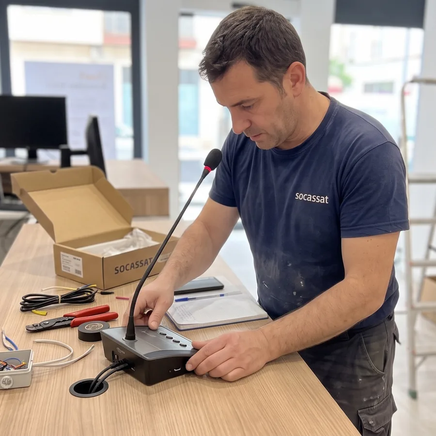 Técnico de Socassat configurando un pupitre microfónico de avisos de megafonía