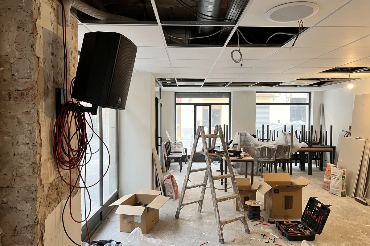 Restaurante en reforma con altavoces de pared y de techo recién instalados para la sonorización del local