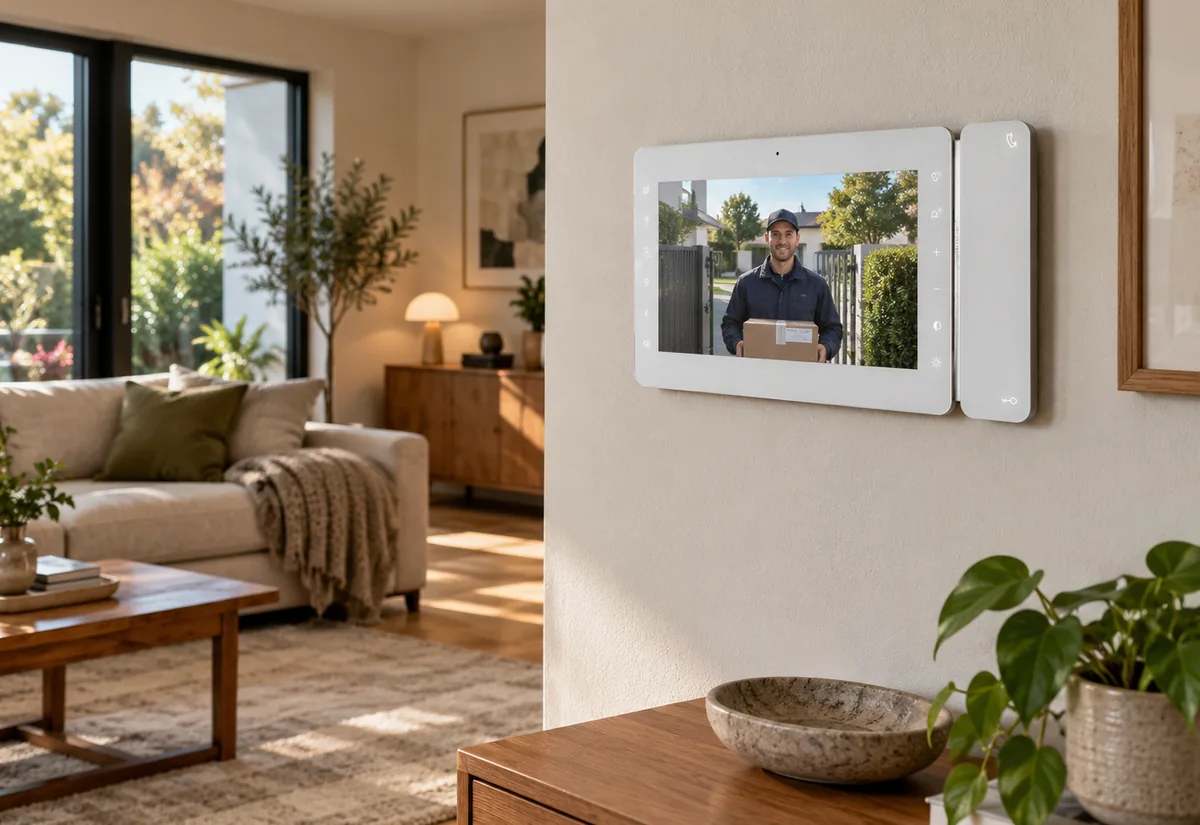 Monitor de videoportero instalado en el salón de una vivienda de una comunidad de vecinos
