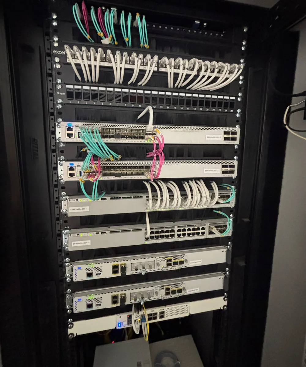 Rack Rittal con switches Cisco Catalyst de núcleo y acceso, routers redundantes y enlaces de fibra óptica OM3 y OM4