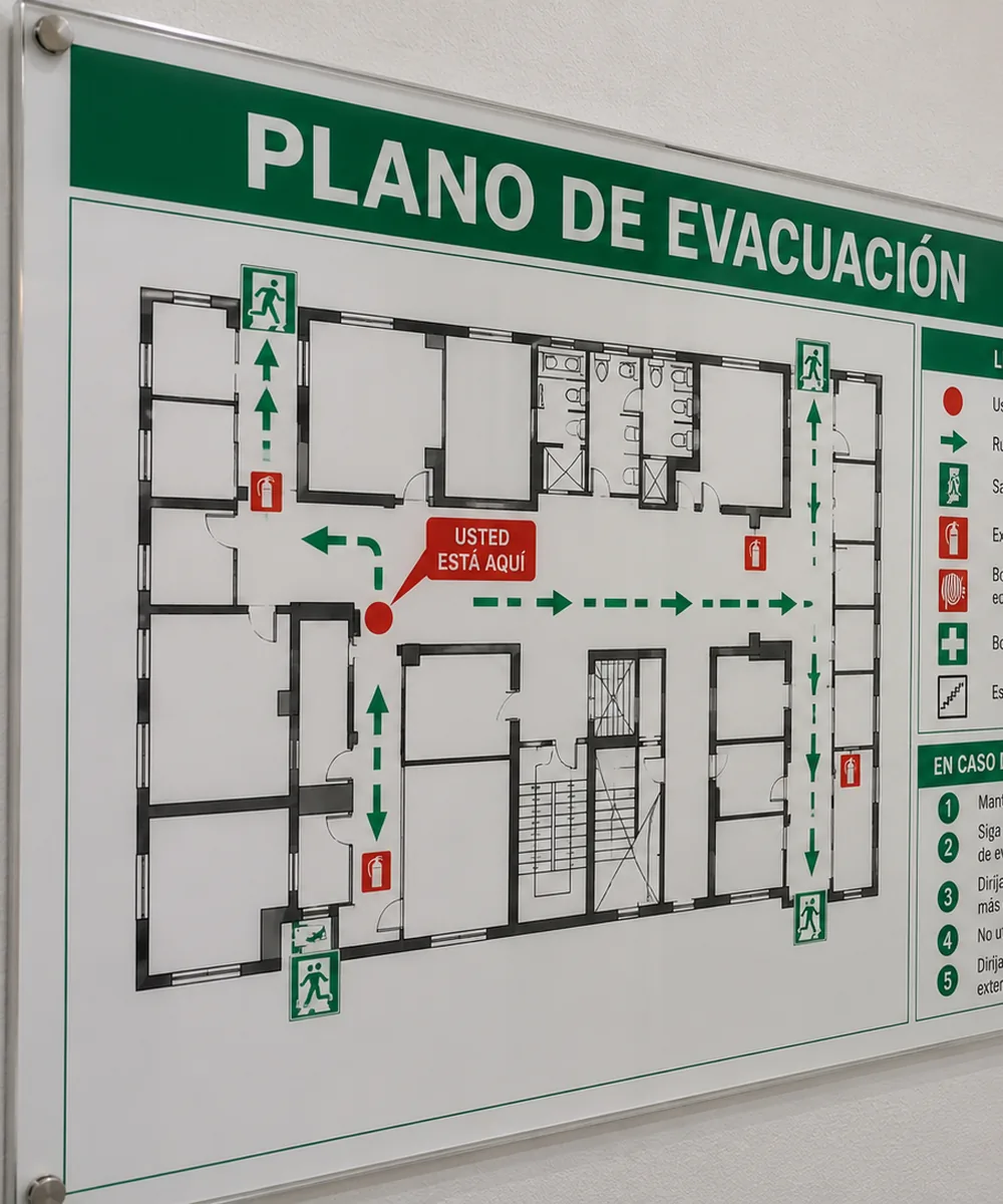 Plano de evacuación con el punto «usted está aquí», las rutas de evacuación y los extintores de la planta