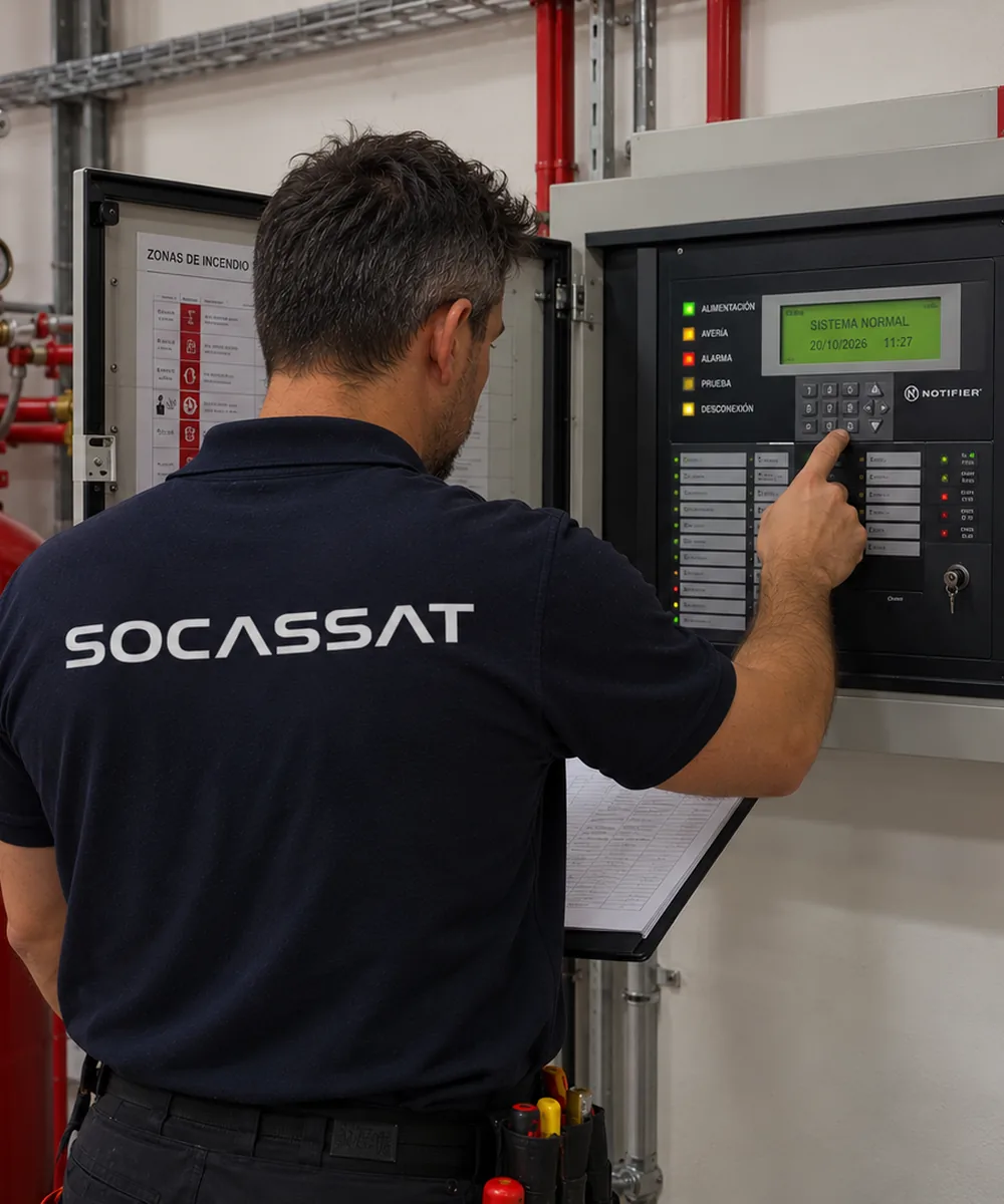 Técnico de Socassat revisando la central de detección de incendios de un edificio