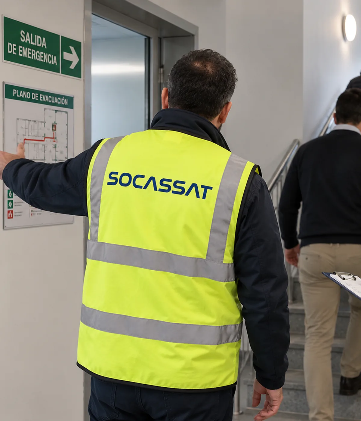 Técnicos de Socassat guiando un simulacro de evacuación hacia la salida de emergencia de un edificio