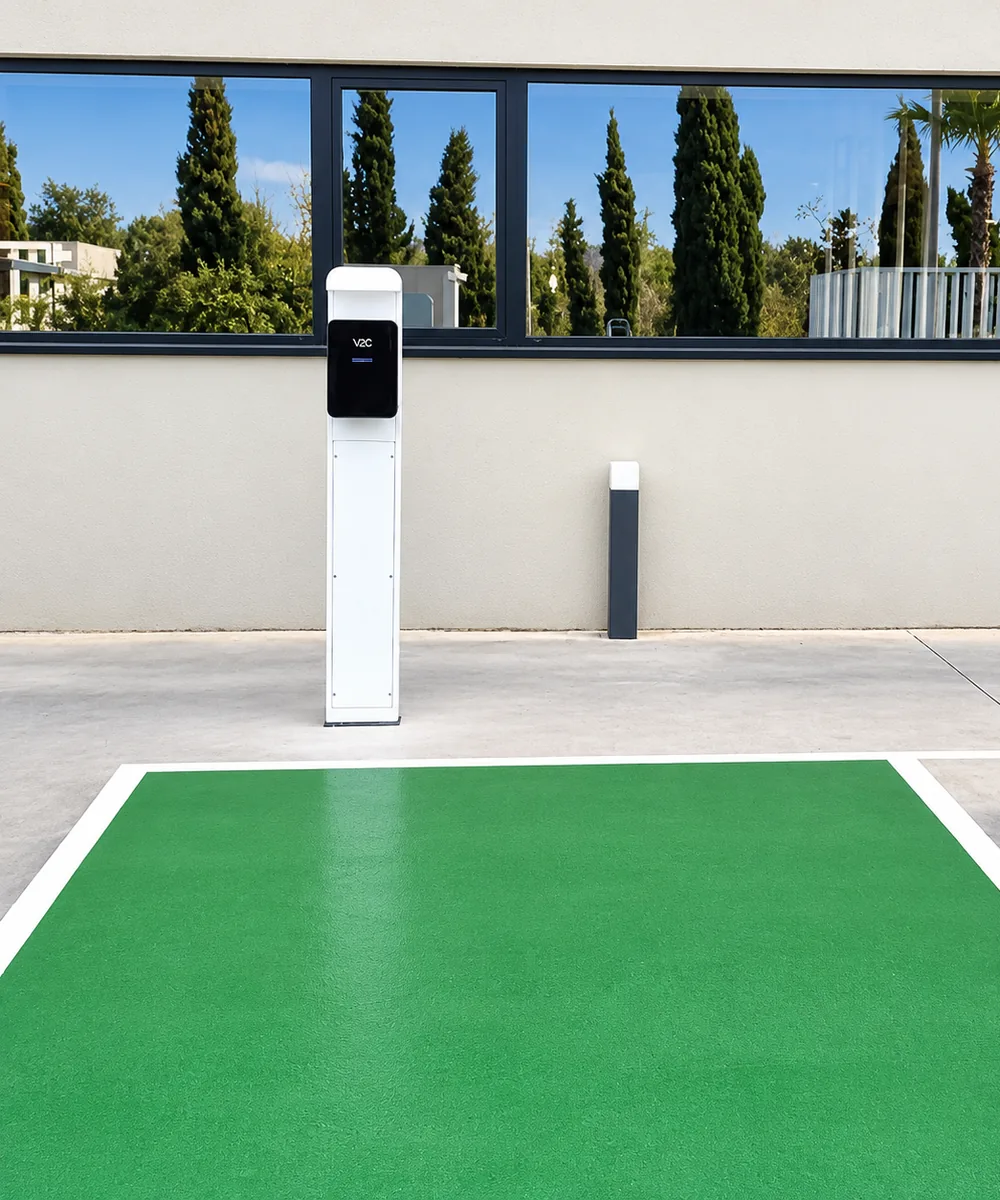 Poste de recarga junto a una plaza señalizada en el aparcamiento de un edificio de oficinas