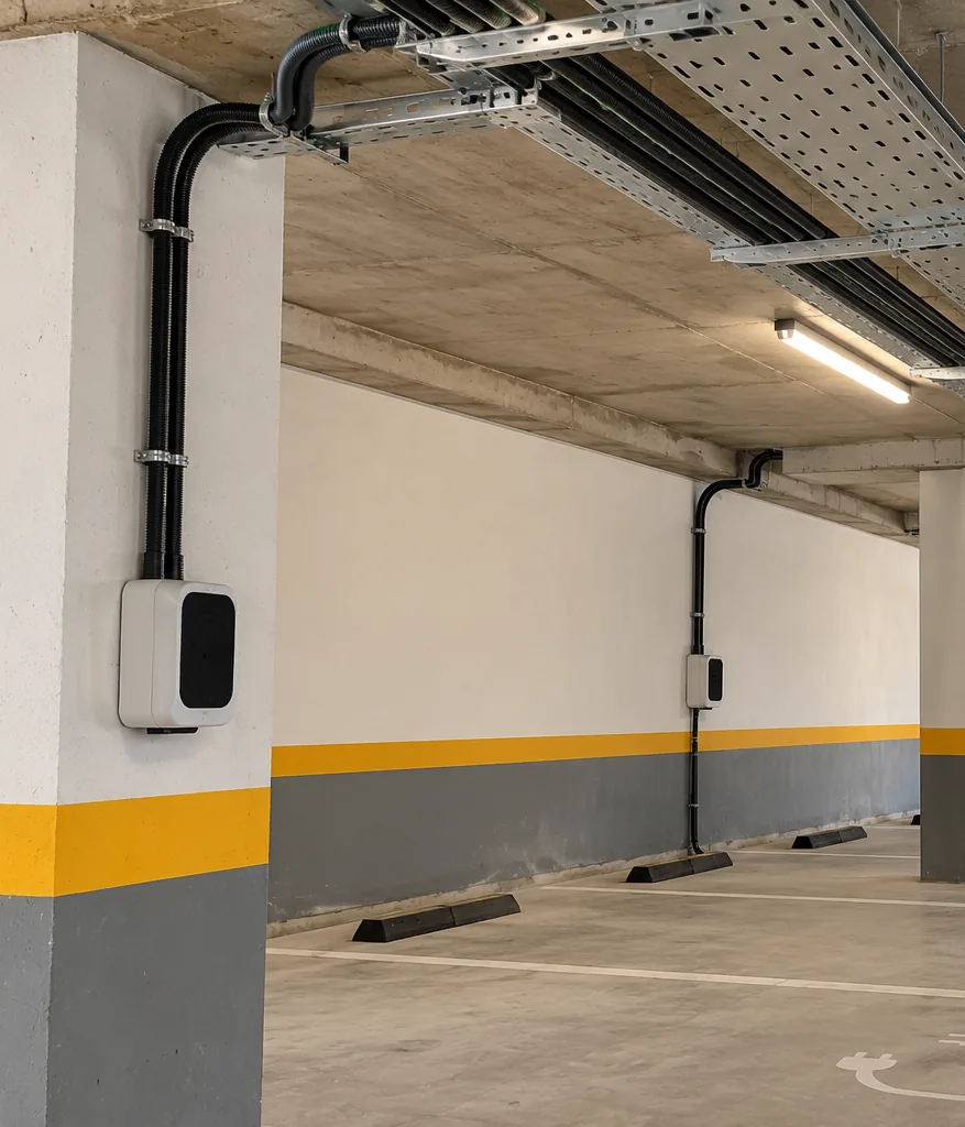 Garaje de un edificio recién terminado con la bandeja de la conducción de recarga por el techo