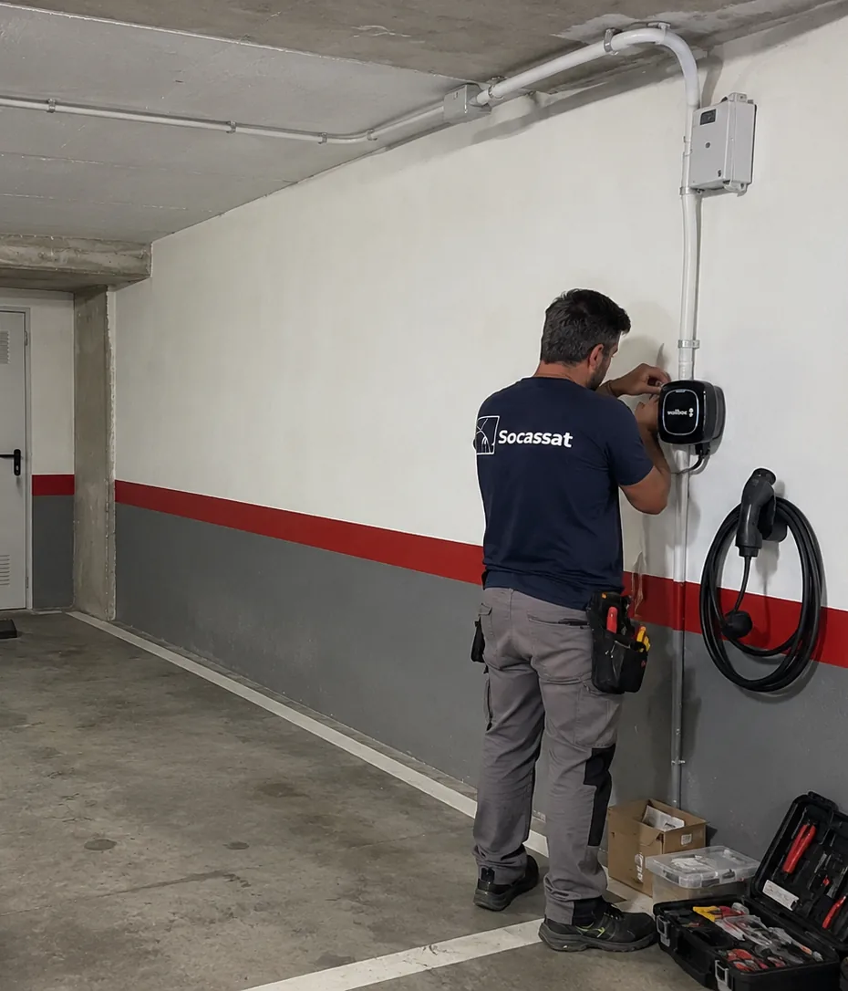 Técnico de Socassat instalando un cargador de pared en la plaza de un garaje comunitario