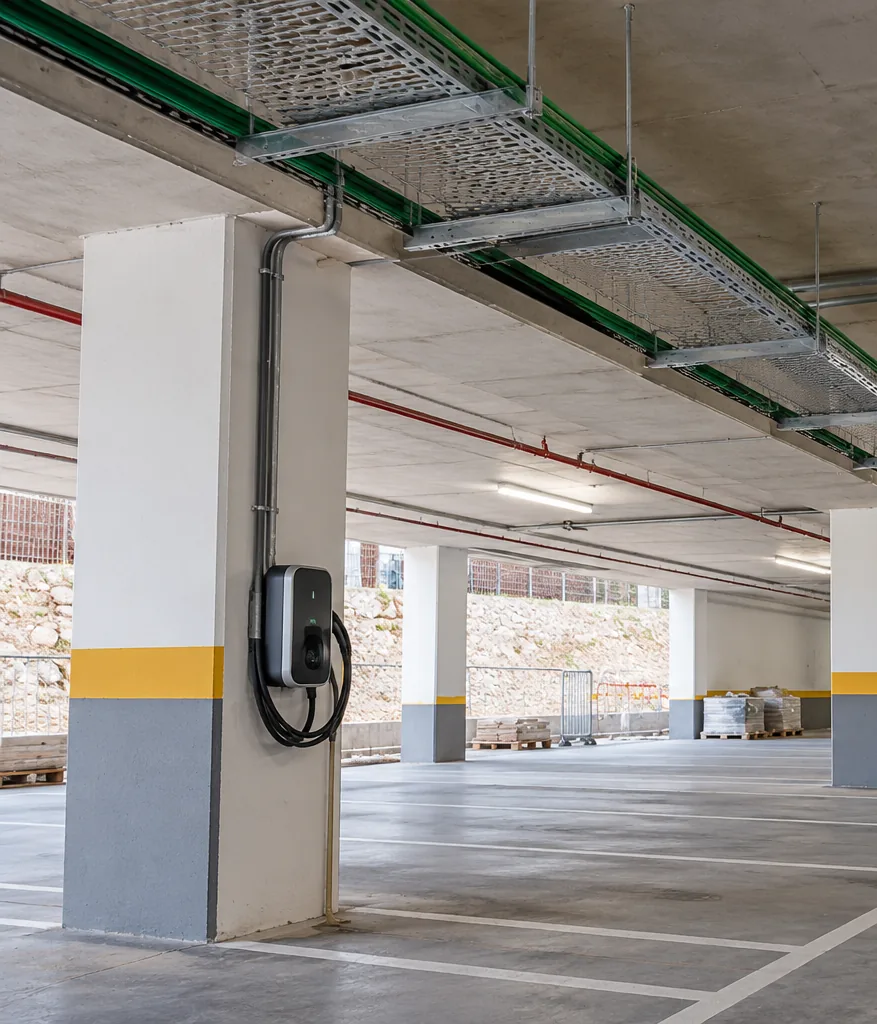 Puntos de recarga en los pilares de un aparcamiento, con la bandeja de cables por el techo