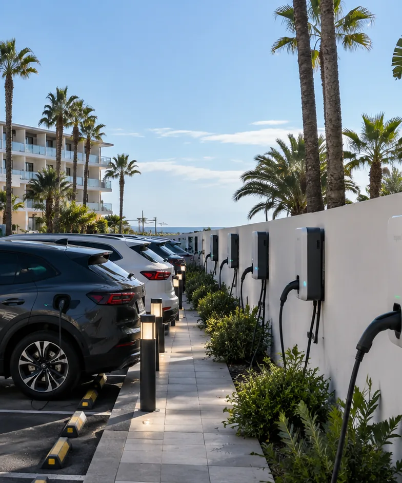 Puntos de recarga en el aparcamiento de un hotel, con coches eléctricos cargando