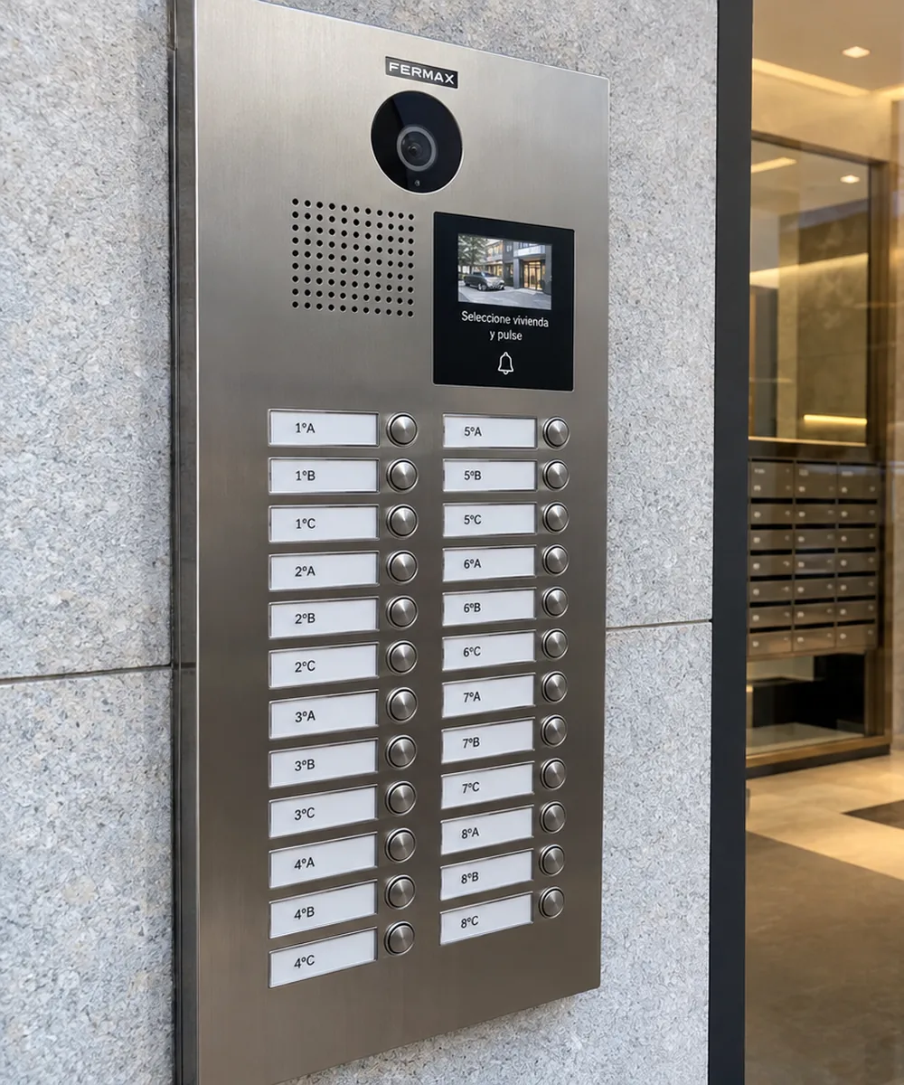 Placa de videoportero Fermax de acero inoxidable con pantalla y pulsadores para cada vivienda en el portal de un edificio