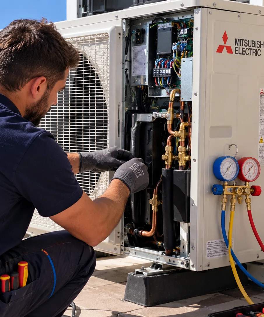 Técnico de Socassat reparando la unidad exterior de un aire acondicionado de Mitsubishi Electric