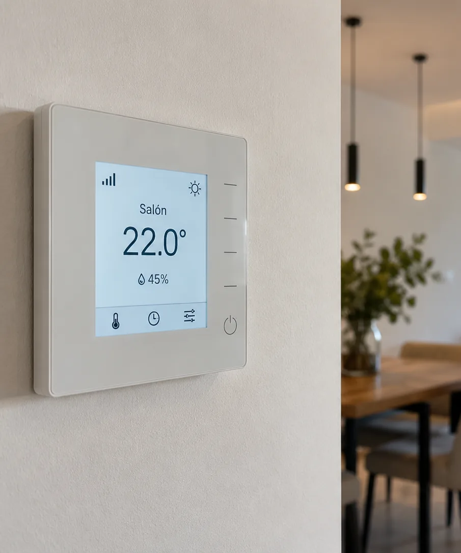 Termostato de zonificación de aire acondicionado por conductos en la pared de una vivienda