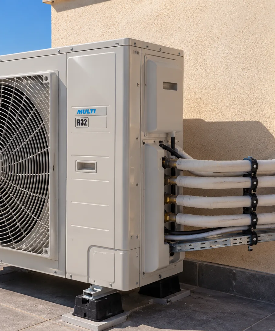 Unidad exterior de un aire acondicionado multisplit con varias líneas frigoríficas conectadas