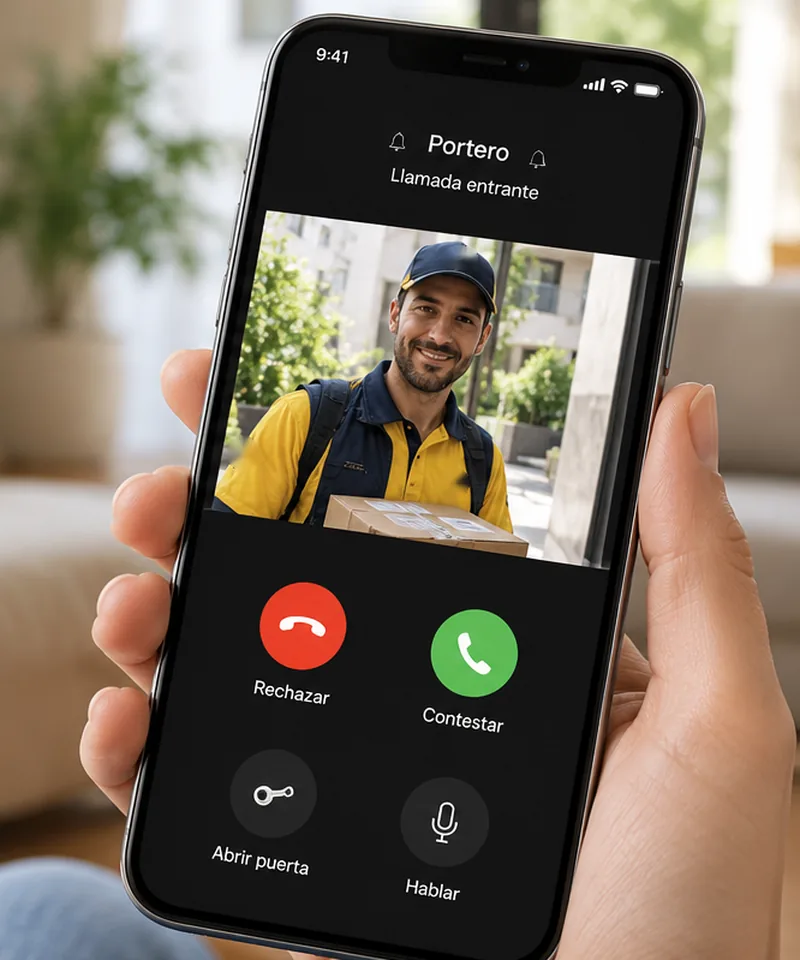 Llamada del videoportero recibida en la app del móvil con la imagen de la persona que espera en el portal y los botones para hablar y abrir la puerta