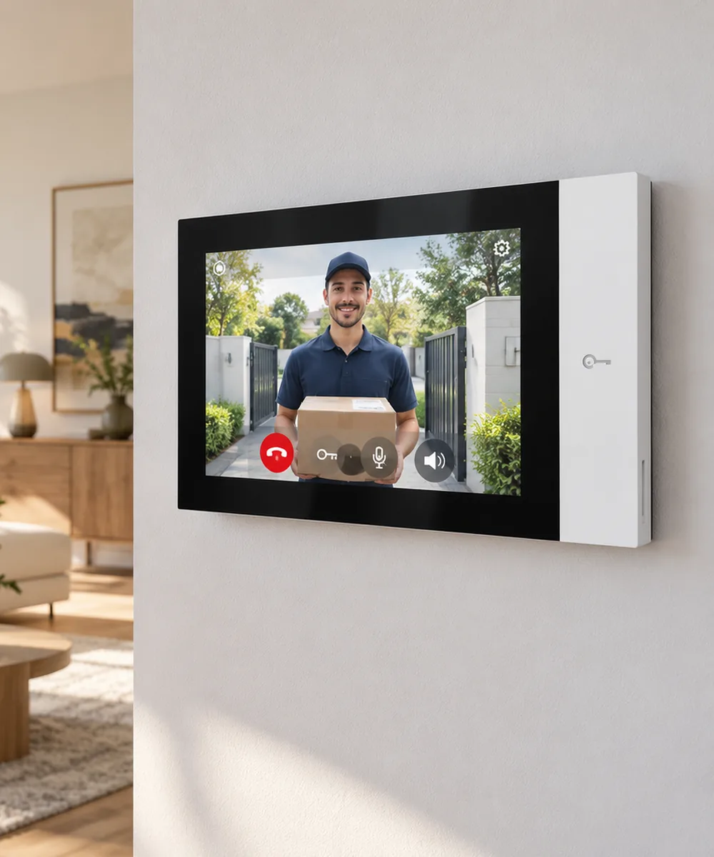 Monitor de videoportero en la pared de una vivienda mostrando en pantalla a la persona que llama desde el portal