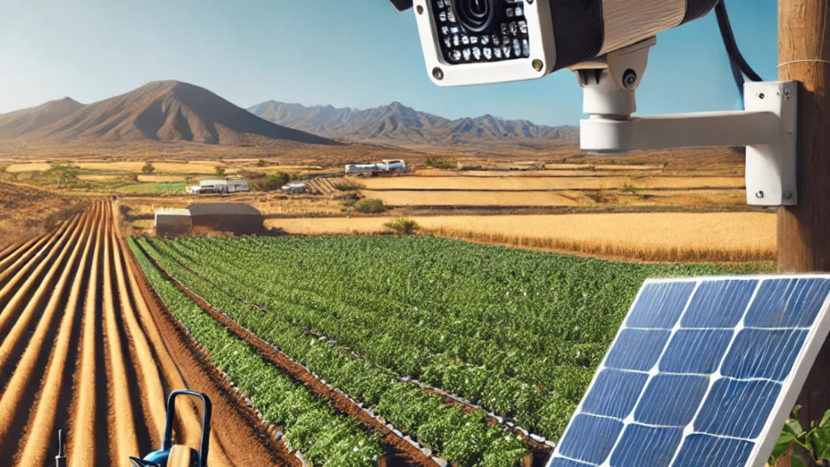Cámara de videovigilancia autónoma con placa solar en una finca agrícola